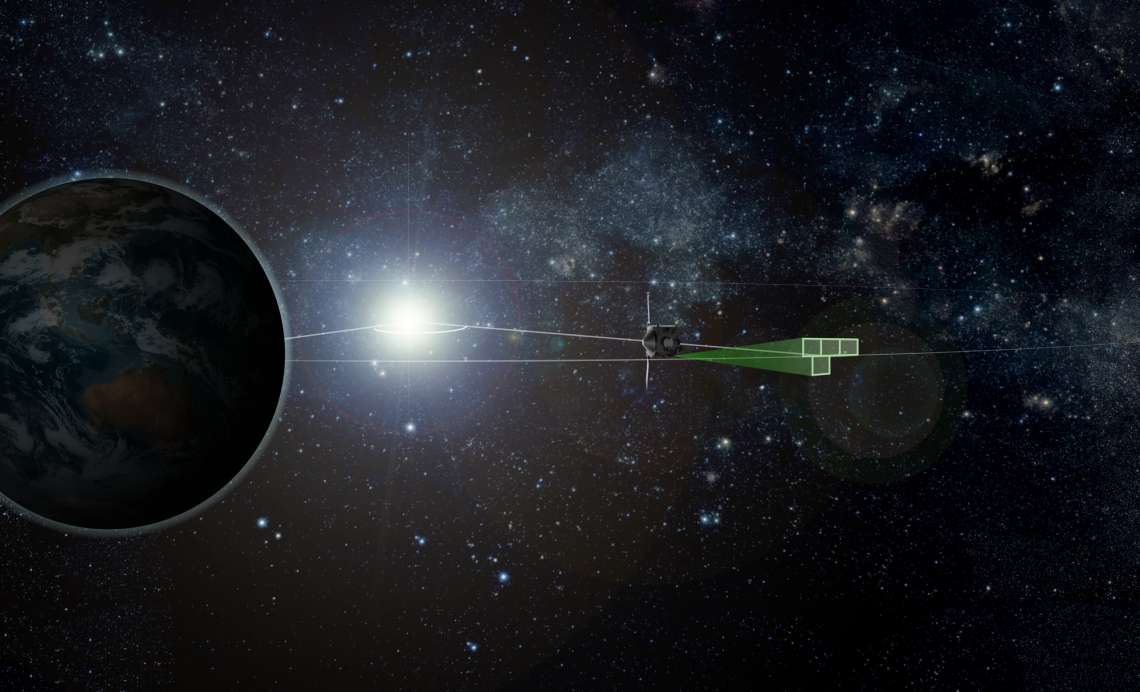 An artist’s rendering of the OSIRIS-REx spacecraft’s survey pattern during its Earth-Trojan asteroid search . The search occurs Feb. 9-20 as the spacecraft transits the Earth’s L4 Lagrangian region. 